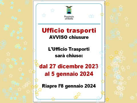Ufficio trasporti: chiuso dal 27 dicembre al 5 gennaio
