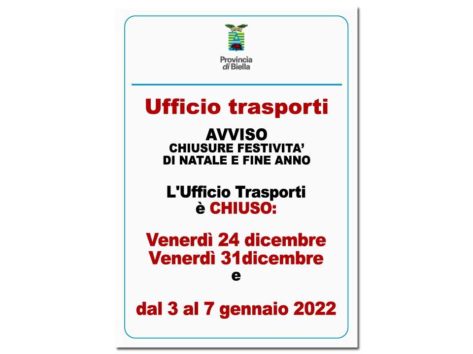 Chiusure ufficio trasporti Natale 2021