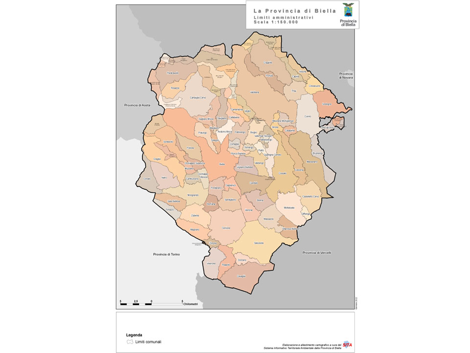 Carta dei confini dei comuni della Provincia di Biella