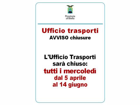 Ufficio trasporti chiuso tutti i mercoledì fino al 14 giugno