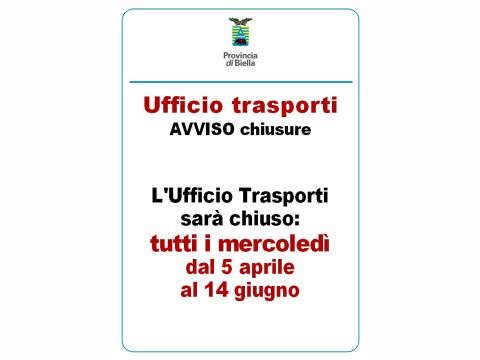 Ufficio trasporti chiuso tutti i mercoledì fino al 14 giugno