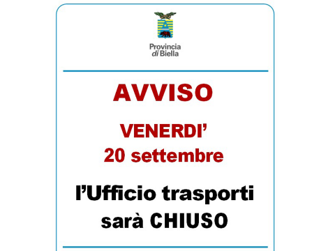 Venerdì 20 settembre l'ufficio Traporti è chiuso